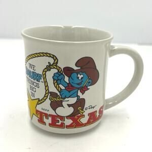 Vintage Smurfs Cowboy- We Smurf Things Big in Texas Ceramic Collectable Mug 1982
